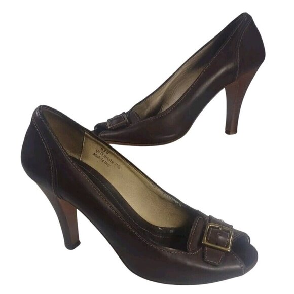 Coach Shoes - Y2K Coach "Brigitte" Brown Peep Toe Gold Buckle Front Pumps Heels Sz 9.5…